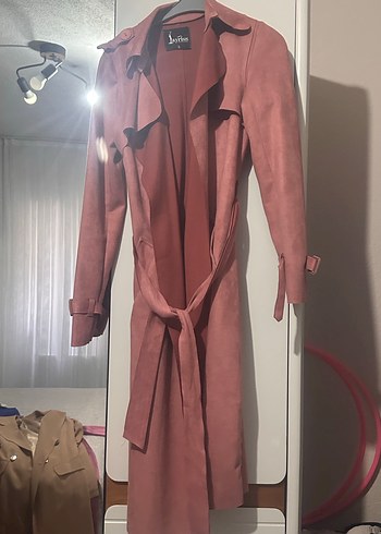 Pembe Süet Kemerli Uzun Kadın Trençkot - Görsel 2