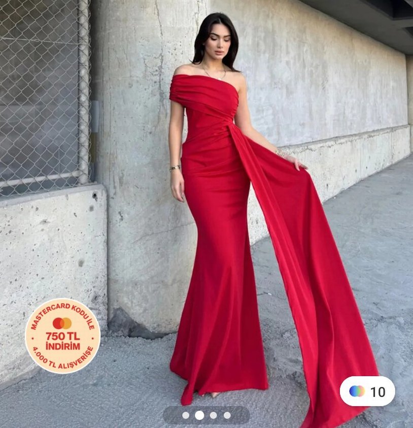 Parlak Kırmızı Straplez Uzun Drapeli Abiye - Görsel 2