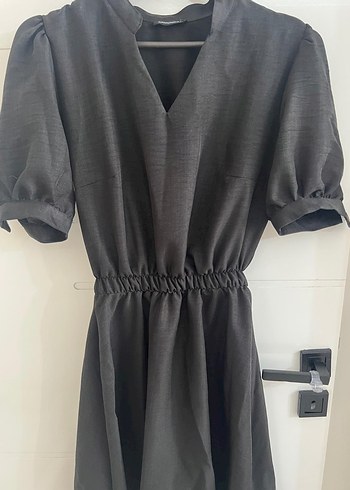 Armalife Kemerli Siyah V-Yaka Midi Keten Elbise