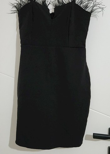 Siyah Tüy Detaylı Midi Siyah Elbise - Görsel 2