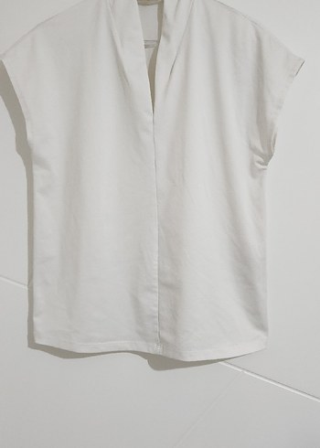 Kadın Beyaz V Yakalı Kısa Kollu Pamuklu Gömlek - Görsel 2