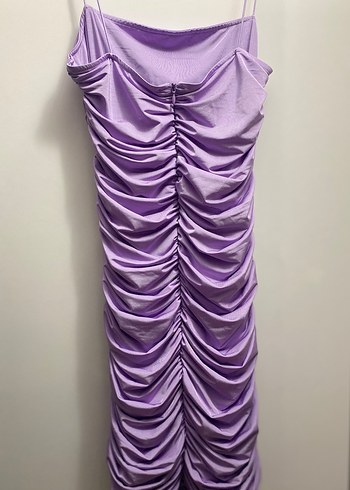 Dar Büzgülü Lila Askılı Mini Elbise - Görsel 3