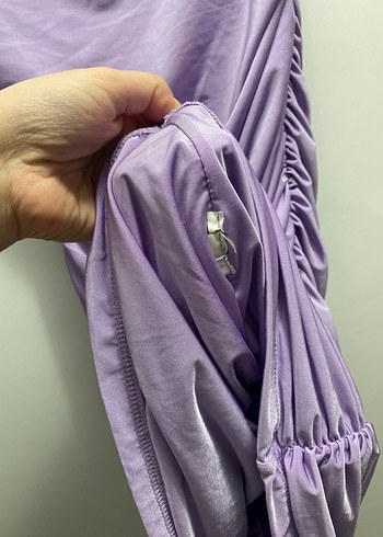 Dar Büzgülü Lila Askılı Mini Elbise - Görsel 4