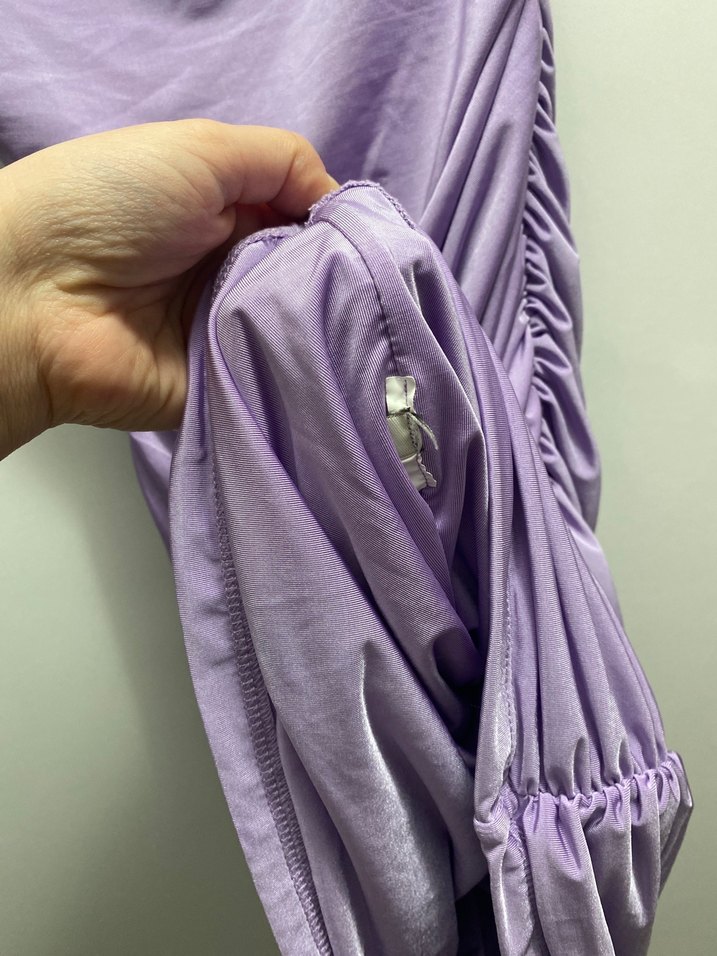 Dar Büzgülü Lila Askılı Mini Elbise - Görsel 4