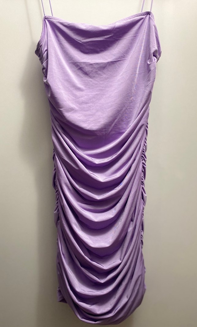 Dar Büzgülü Lila Askılı Mini Elbise - Görsel 2