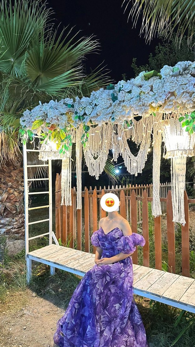 Mor Drapeli Uzun Straplez Bohem Elbise - Görsel 4