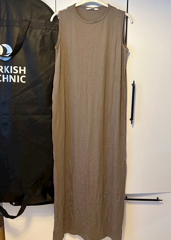 Bej Keten Uzun Kolsuz Salaş Elbise