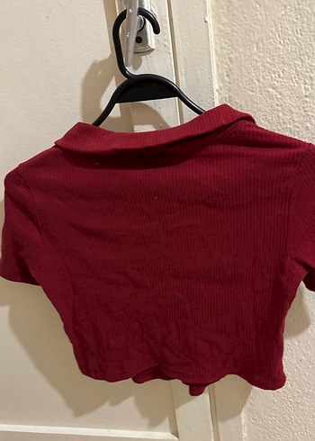 Bordo Düğmeli Kısa Kollu Kadın Gömlek - Görsel 3