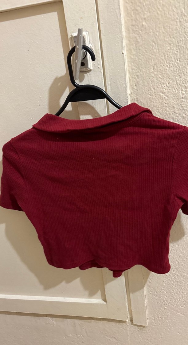 Bordo Düğmeli Kısa Kollu Kadın Gömlek - Görsel 3