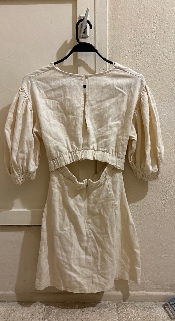 Beyaz bohem V Yaka Midi Keten Elbise - Görsel 3