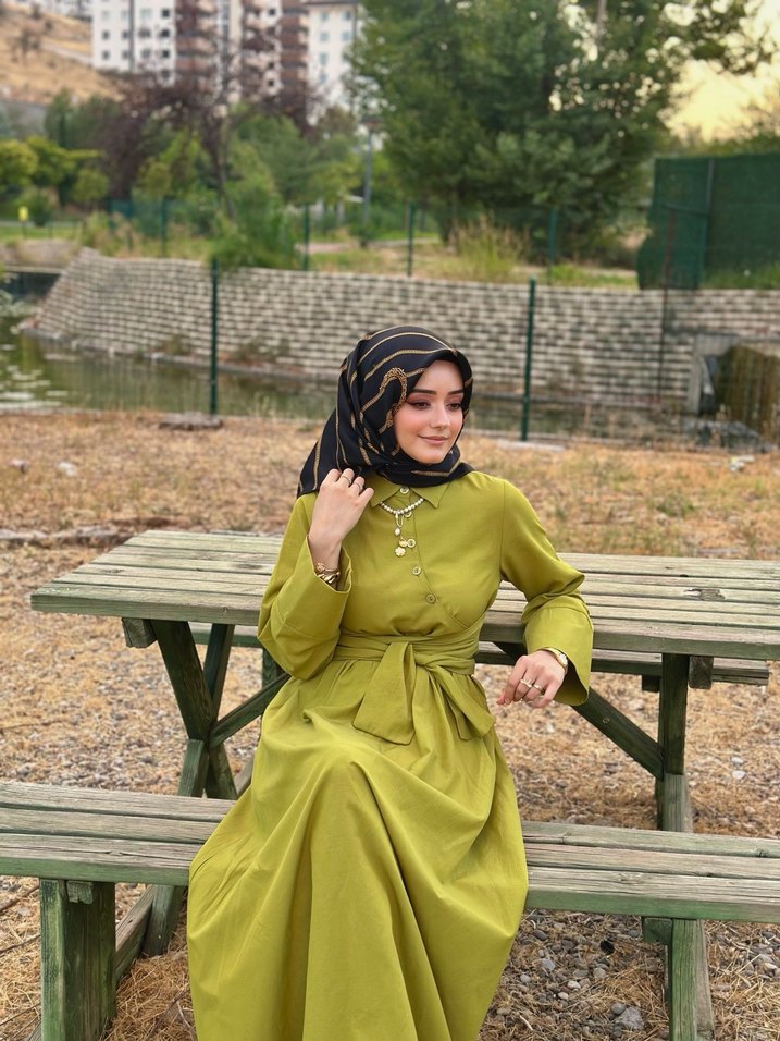 Kadın Haki Uzun Kol Uzun Elbise - Görsel 3