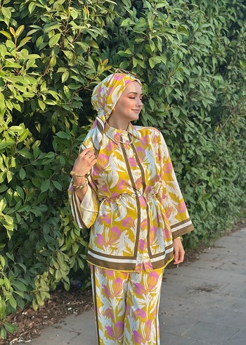 Uzun Kollu Sarı kahve pembe Bohem Kadın Takım - Görsel 5