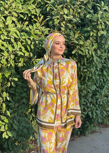 Uzun Kollu Sarı kahve pembe Bohem Kadın Takım - Görsel 4