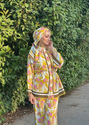 Uzun Kollu Sarı kahve pembe Bohem Kadın Takım - Görsel 6