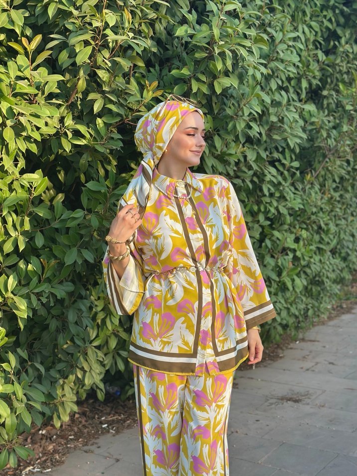 Uzun Kollu Sarı kahve pembe Bohem Kadın Takım - Görsel 5