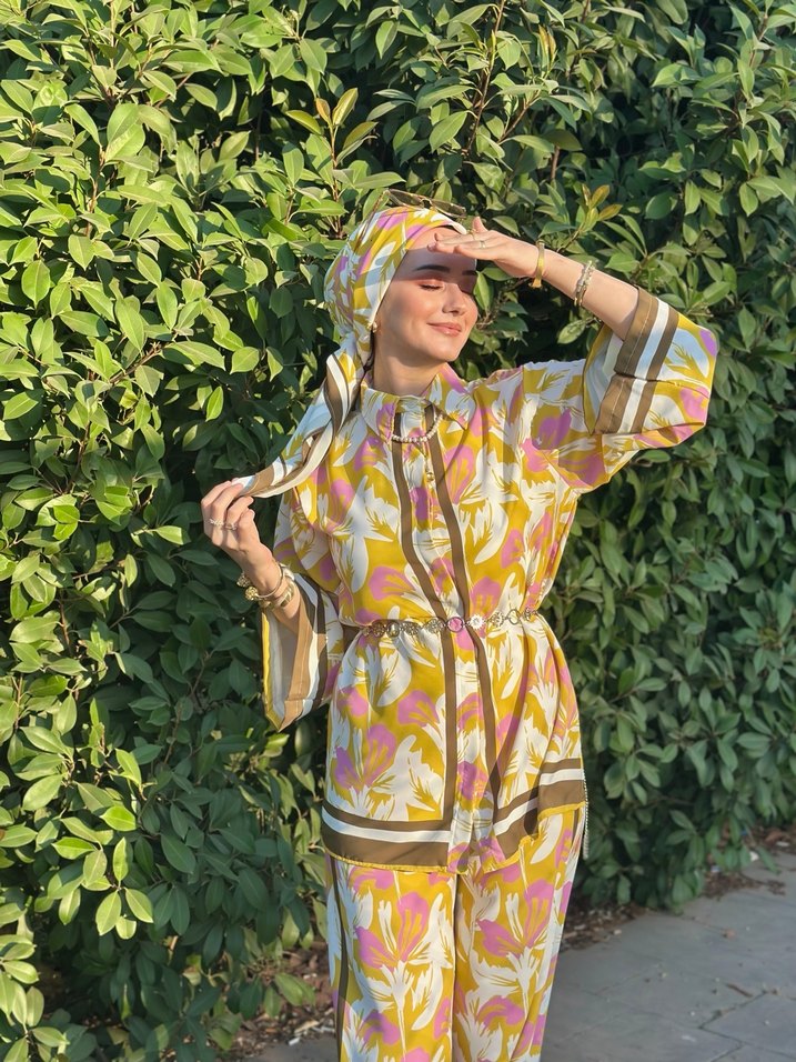 Uzun Kollu Sarı kahve pembe Bohem Kadın Takım - Görsel 2