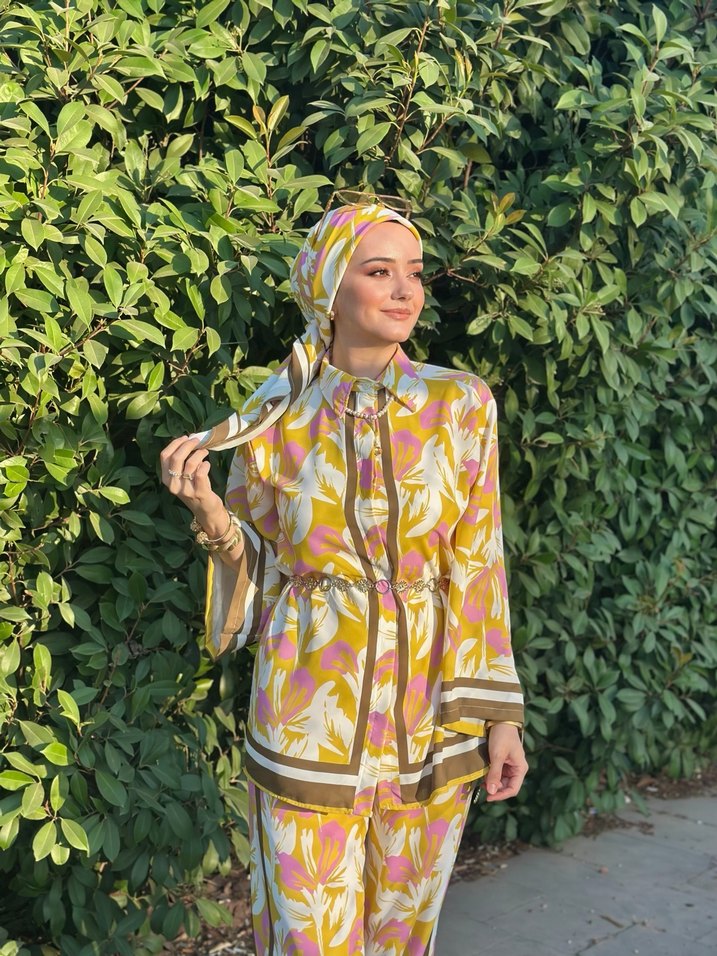 Uzun Kollu Sarı kahve pembe Bohem Kadın Takım - Görsel 4