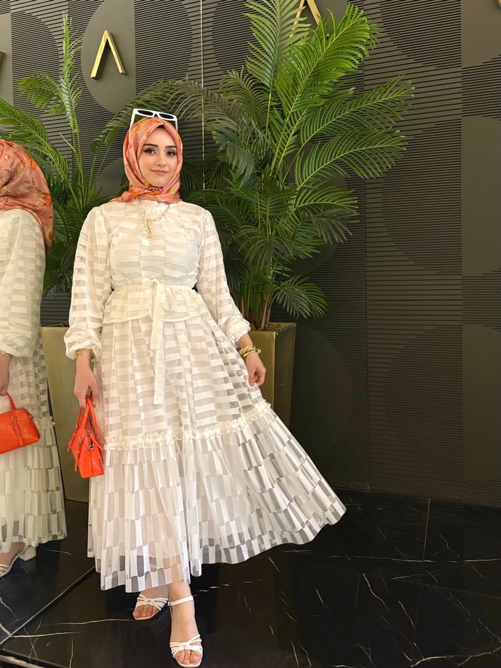 Bohem Etnik Desenli Uzun Beyaz Elbise - Görsel 2