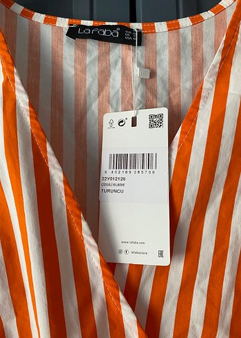 Turuncu Çizgili V Yaka Uzun Elbise - Görsel 7