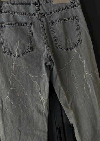 Nakışlı şimşek Detaylı Gri Salaş Denim Pantolon - Görsel 4