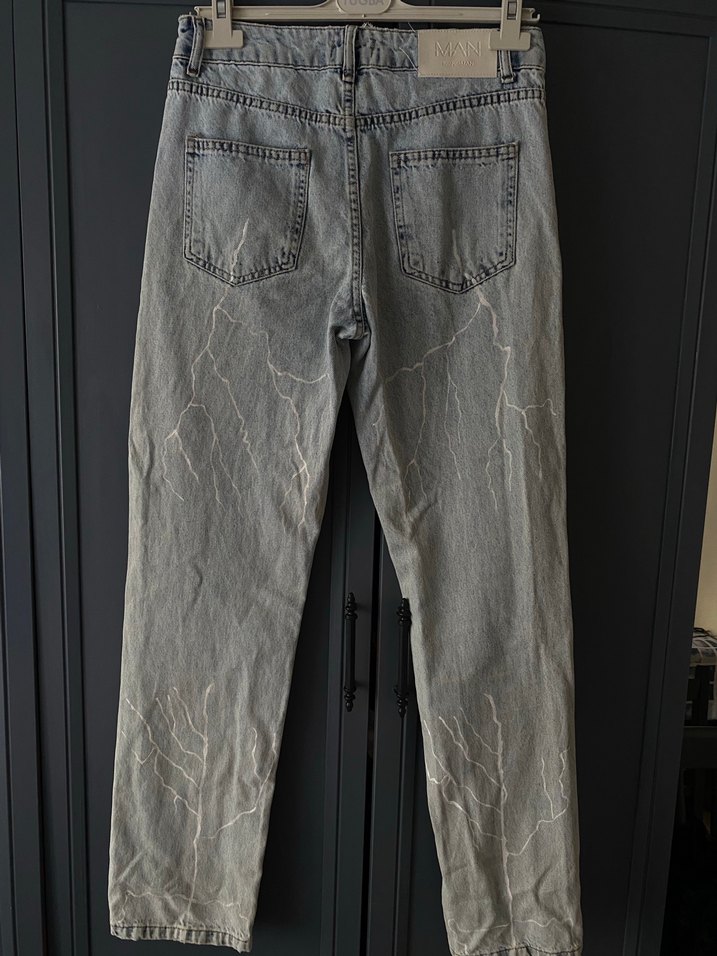 Nakışlı şimşek Detaylı Gri Salaş Denim Pantolon - Görsel 5