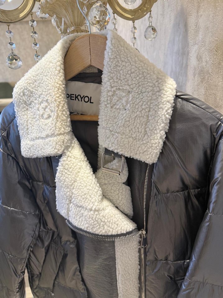 Kürk Detaylı Gri Kısa Mont - Görsel 2