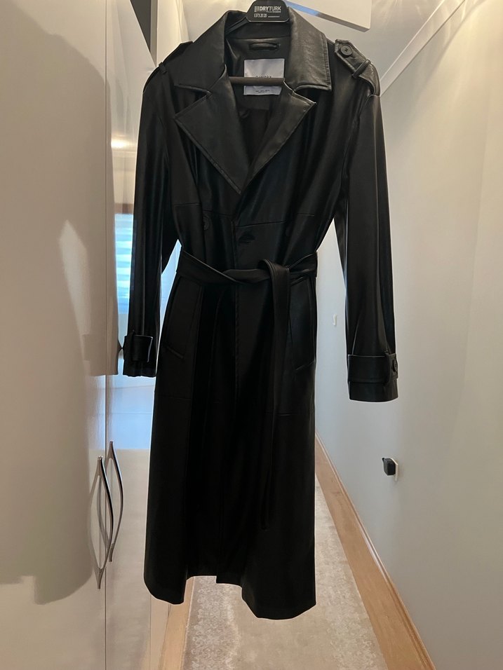 Kadın Siyah Deri Kemerli Trençkot - Görsel 3