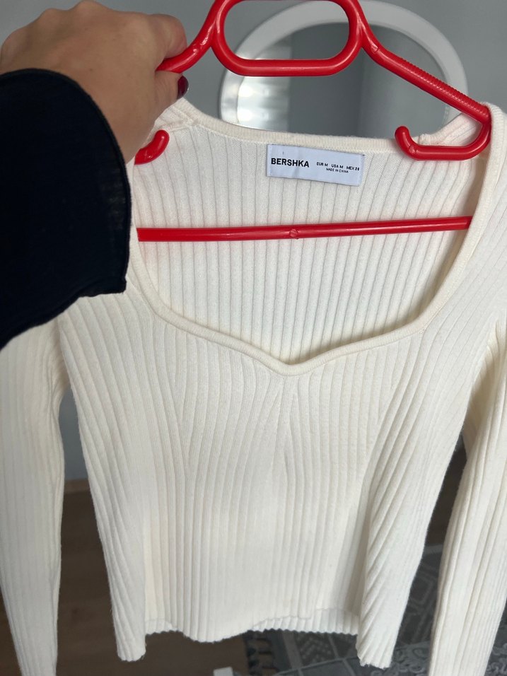 Beyaz V Yaka Fitilli Kadın Triko Kazak - Görsel 3