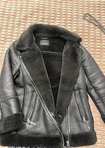 Siyah Kürklü Deri Biker Ceket - Görsel 2