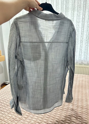 Gri Keten Düğmeli Gömlek - Görsel 3