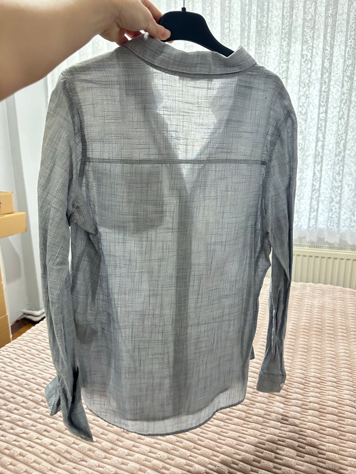 Gri Keten Düğmeli Gömlek - Görsel 3