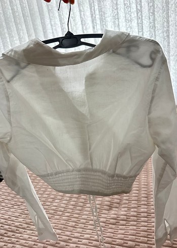 Beyaz Keten Düğmeli Uzun Kollu Gömlek - Görsel 3