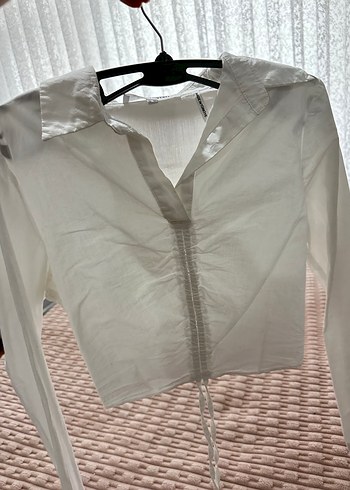 Beyaz Keten Düğmeli Uzun Kollu Gömlek - Görsel 2