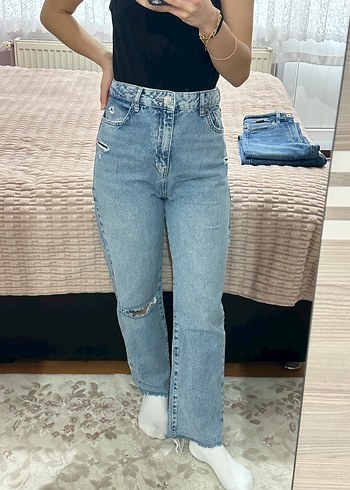 Düğmeli Gri Mavi Salaş Kadın Denim Pantolon - Görsel 5