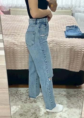 Düğmeli Gri Mavi Salaş Kadın Denim Pantolon - Görsel 2