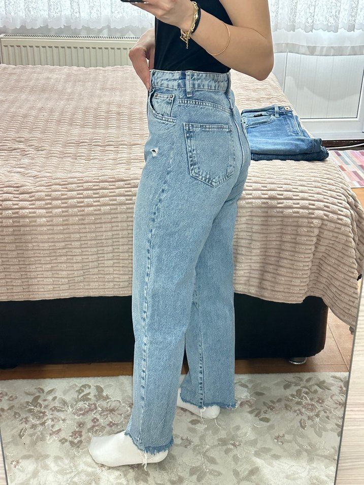 Düğmeli Gri Mavi Salaş Kadın Denim Pantolon - Görsel 3