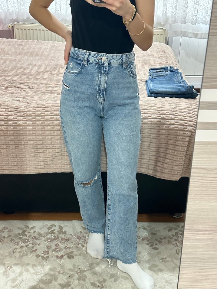 Düğmeli Gri Mavi Salaş Kadın Denim Pantolon - Görsel 5