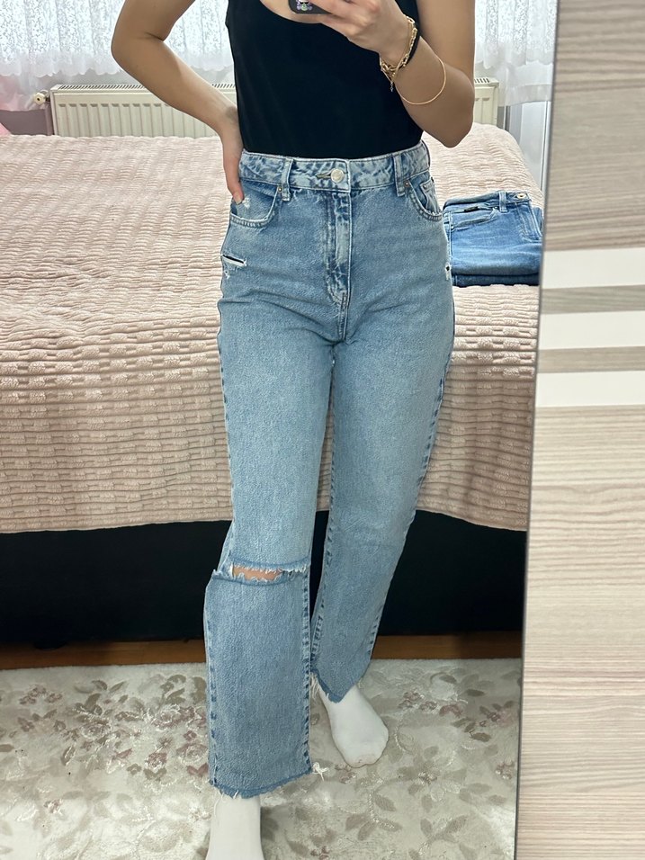 Düğmeli Gri Mavi Salaş Kadın Denim Pantolon - Görsel 4