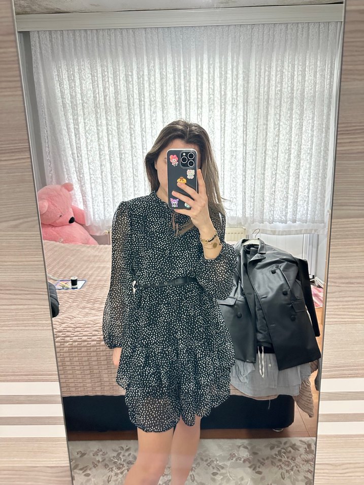 Uzun Kollu  Mini Siyah Elbise - Görsel 2