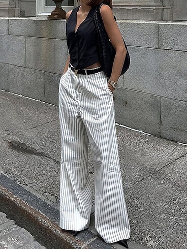 Çizgili poplin pantolon