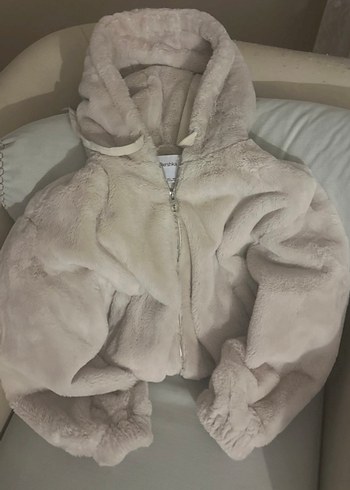 Bej Kapüşonlu Kadın Peluş Ceket - Görsel 3