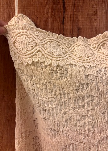 Bej Dantel Detaylı Straplez Uzun Triko Elbise - Görsel 2