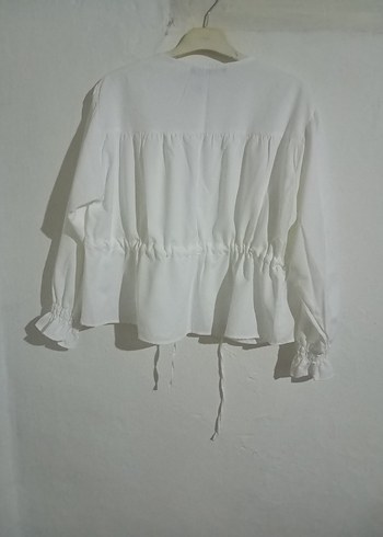 Düğmeli Beyaz Keten Kadın gömlek - Görsel 2