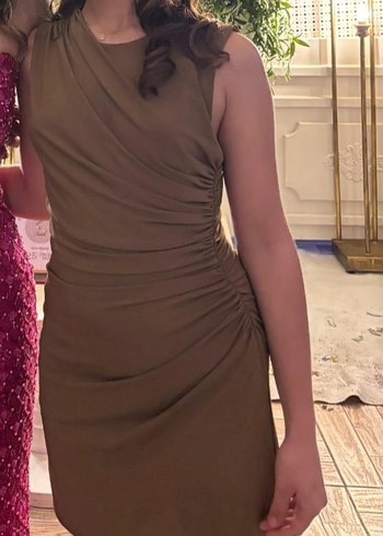 Kahverengi V Yaka Drapeli Midi Elbise - Görsel 2