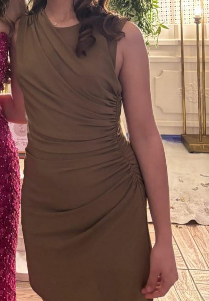 Kahverengi V Yaka Drapeli Midi Elbise - Görsel 2