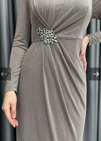 Bej Drapeli Uzun Kollu Abiye Elbise - Görsel 2