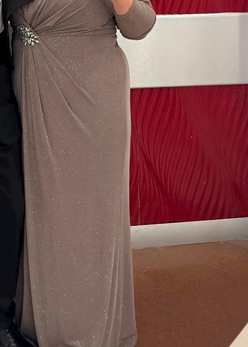 Bej Drapeli Uzun Kollu Abiye Elbise - Görsel 3