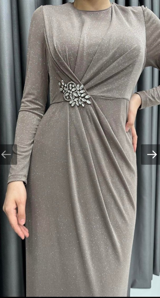 Bej Drapeli Uzun Kollu Abiye Elbise - Görsel 2