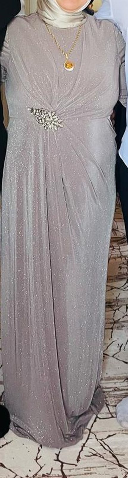 Bej Drapeli Uzun Kollu Abiye Elbise - Görsel 4