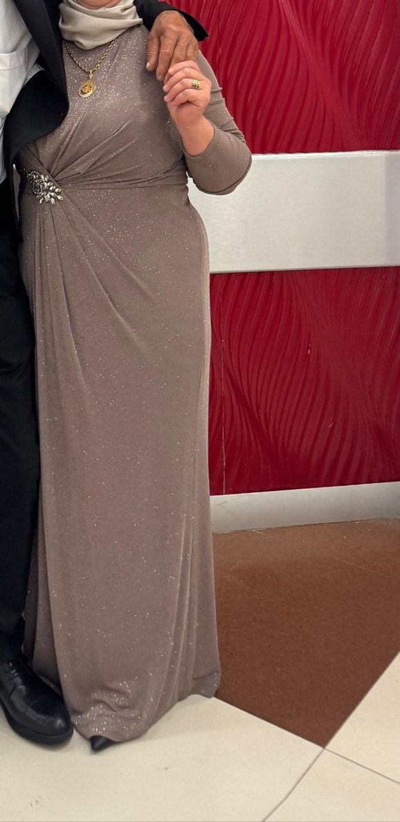 Bej Drapeli Uzun Kollu Abiye Elbise - Görsel 3